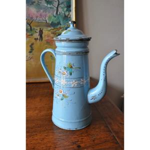Old Coffee Pot In Painted And Enameled Sheet Metal With Blue Background, Early 20th Century Floral Decor