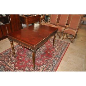 Antique Louis XVI Style Table From The 19th Century In Solid Mahogany With Bronze And Brass Inlay