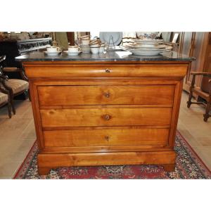 Antique Louis Philippe Chest Of Drawers In Solid Cherry Wood From The 19th Century With Marble Top