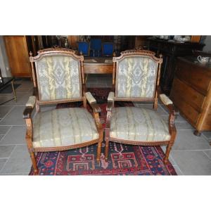 Pair Of Louis XVI Armchairs In Walnut With Flat Backrest, 19th Century Napoleon III Style, Living Room