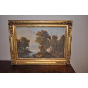 Tableau Ancien Paysage Montagne  Et Lac Huile Sur Toile d'époque 19ème à Restaurer Cadre Doré