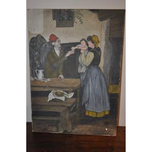 Tableau Ancien Huile Sur Toile Dans Un Bar Restaurant Le Havrais fin 19ème Début 20ème le Havre