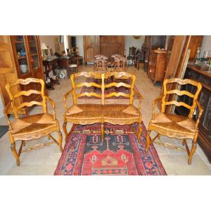 Antique Louis XV Provencal Walnut Living Room Pair Of 19th Century Radassier Straw Armchairs 