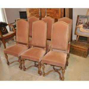 Set Of 6 Antique Louis XIV Style Chairs In Whitewashed Oak And Velvet From The Early 20th Century