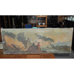 Tableau Ancien Huile Sur Toile époque 18ème Paysage Animé Pêcheur A rénover Trumeau