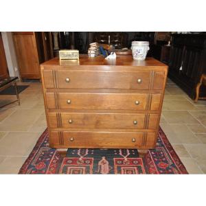 Small Art Deco Oak Chest Of Drawers From The 30s - 50s Checkered Top 4 Drawers