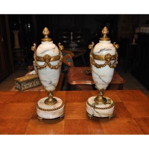 Pair Of Antique Marble And Bronze Cassolettes From The Napoleon III Period, 19th Century