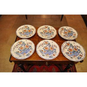 6 Large Flat Plates In Gien Earthenware Decorated With Rooster And Peony, 20th Century Service