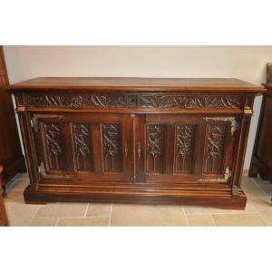 Large And Long Antique Oak Buffet In Renaissance Or Gothic Style From The 19th Century Sideboard