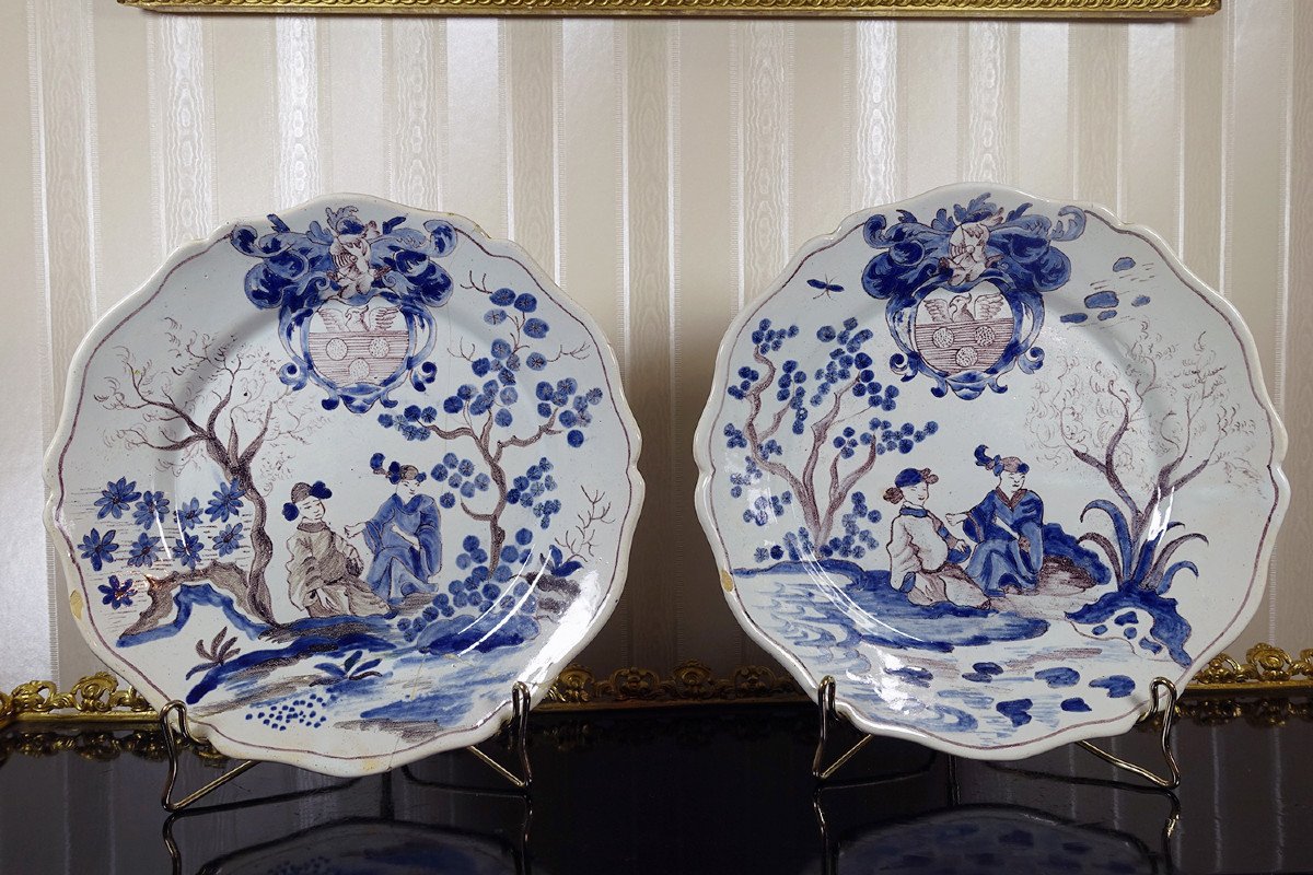 Pair Of Earthenware Plates With Chinese Decor And Coat Of Arms - Nevers - 18th Century - 18th Century-photo-5