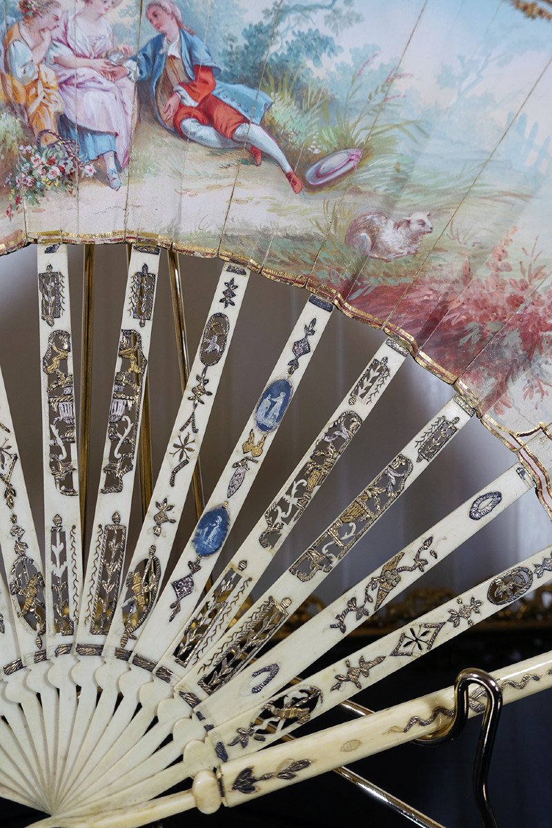 Old 19th Century Fan. Rare Engraved, Chiseled, Pierced Frame Painted With Wedgwood Medallion-photo-6