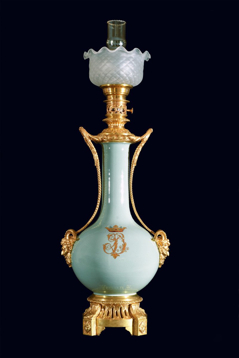 Monumental Celadon Porcelain Lamp Gilt Bronze - Marquis Crown Monogram - 19th Century-photo-2