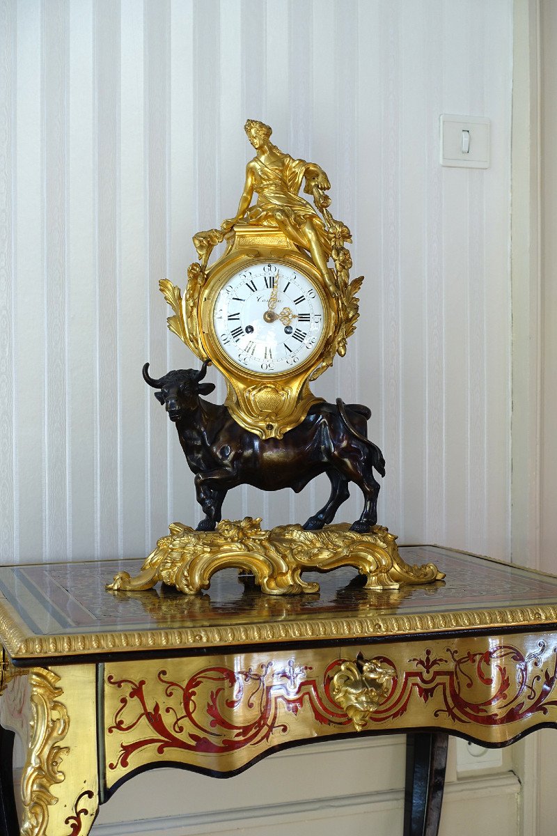 Pendule Louis XV En Bronze Doré Et Patine Brune Au Taureau - l'Enlèvement d'Europe - Circa 1870-photo-8