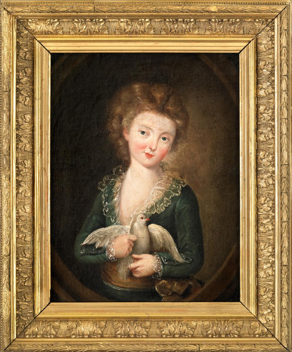 Portrait d'Un Enfant Enlaçant Une Colombe Dans Un Cadre Doré. Suiveur De Jean-baptiste Greuze