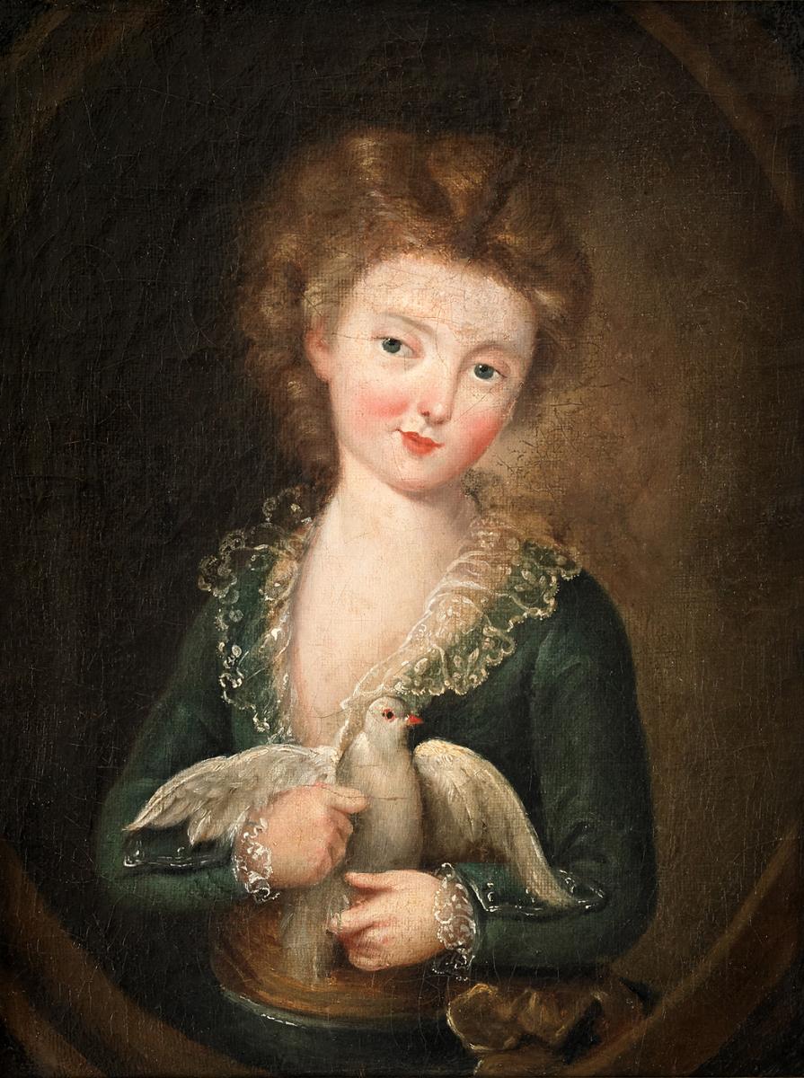 Portrait d'Un Enfant Enlaçant Une Colombe Dans Un Cadre Doré. Suiveur De Jean-baptiste Greuze-photo-2