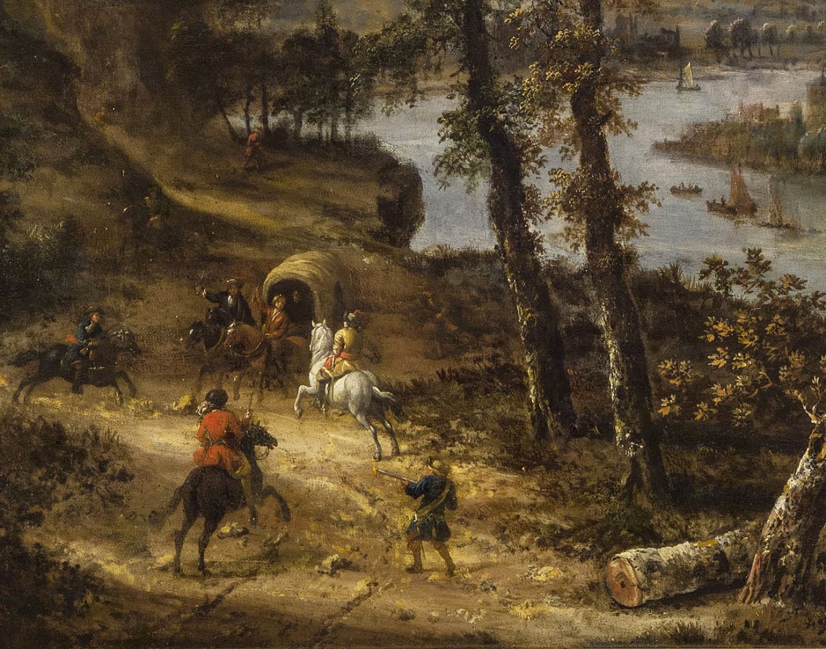 Attribué à Carel Van Falens (1683-1733), Convoi Attaqué Par Des Cavaliers Dans Un Paysage-photo-3