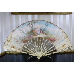 Old 19th Century Fan. Rare Engraved, Chiseled, Pierced Frame Painted With Wedgwood Medallion