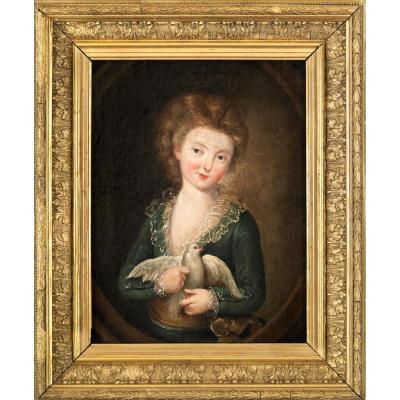 Portrait d'Un Enfant Enlaçant Une Colombe Dans Un Cadre Doré. Suiveur De Jean-baptiste Greuze