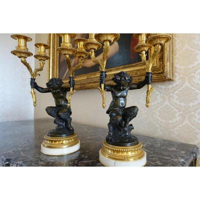 Paire de Candélabres en Bronze, « Aux Jeunes Faunes », dans le goût de Clodion – Fin XIXème