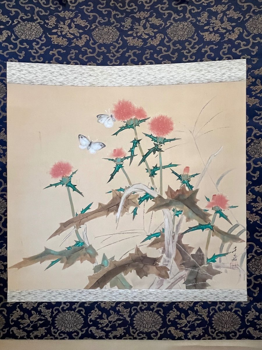 Kakejiku Peinture Japonaise Chardon Et Papillons - Japon -photo-3