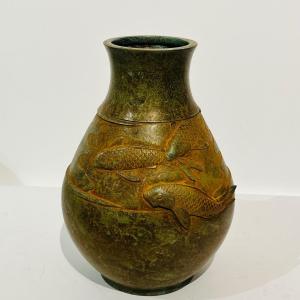 Japanese Bronze Vase Koi Carp - Japan