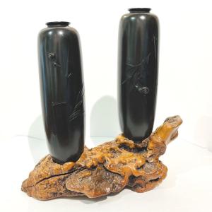 Pair Of Japanese Bronze Vases Bamboo And Snails - Japan