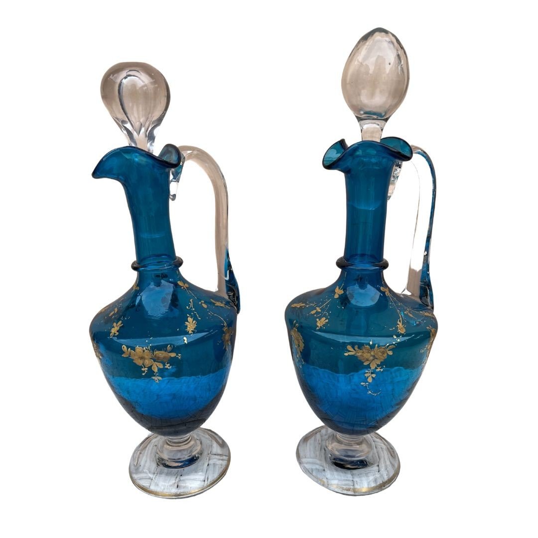 Proantic Pair Of Blue Glass Carafes