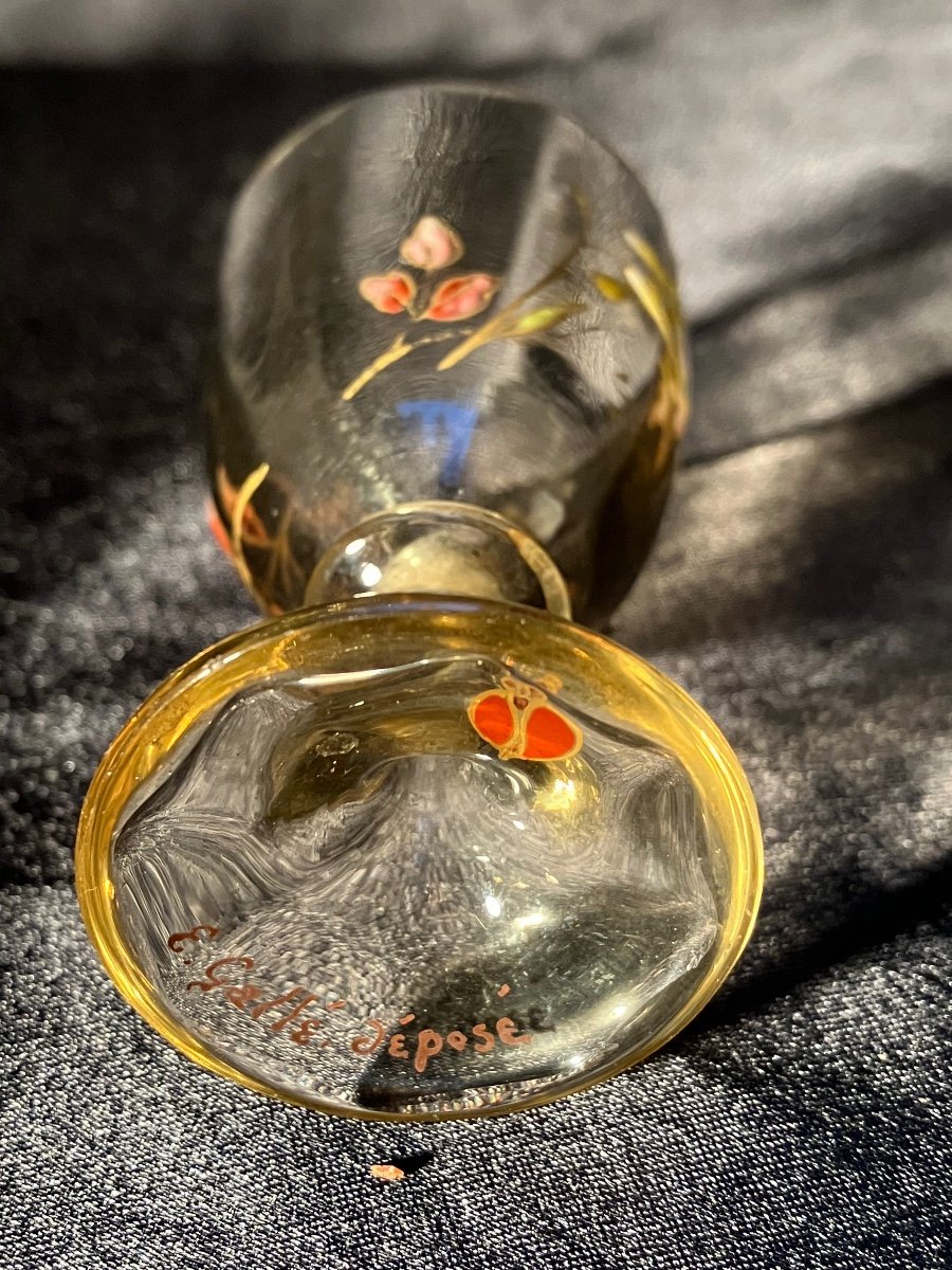 émile Gallé, Rare Small Crystal Glass Flowers And Ladybug-photo-4