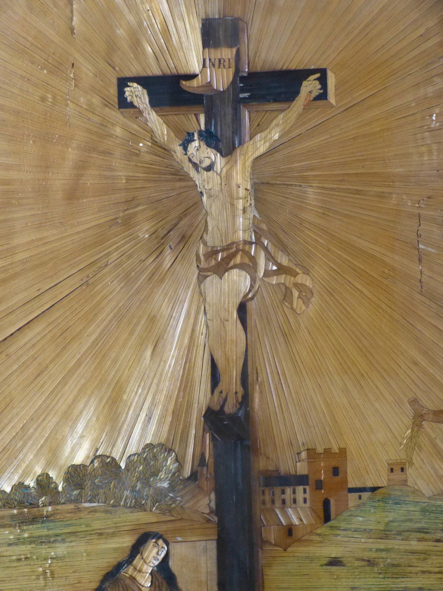 Grand Tableau Marqueterie De Paille Christ En Croix -photo-2