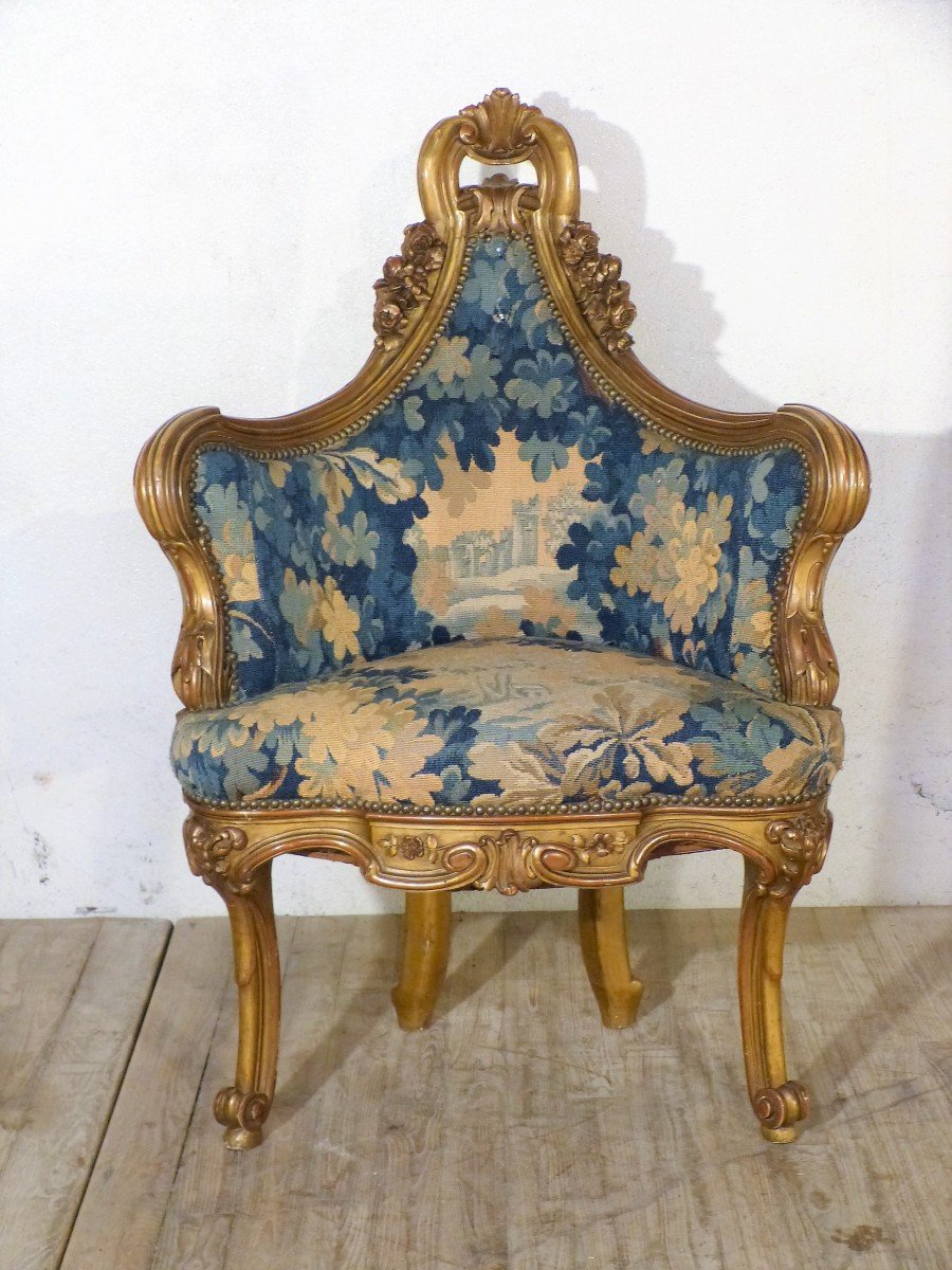 Fauteuil d'Angle Doré Tapisserie Aubusson Louis XV Napoléon III-photo-2