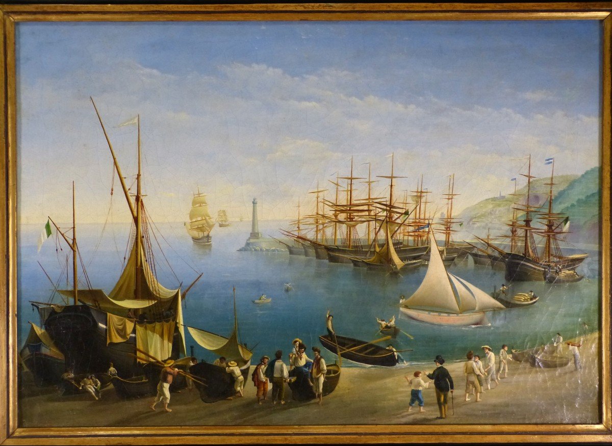 Large Marine Painting, View Of Mediterranean Port Boats At Dock 79 X 105 Cm-photo-2