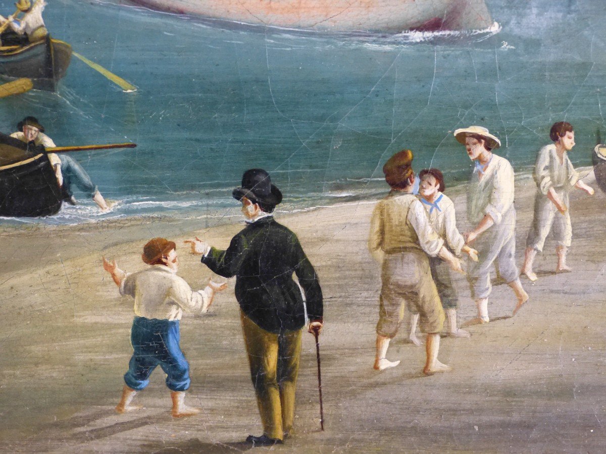 Grand Tableau Marine, Vue De Port Méditerranée Bateaux à Quai  79 X 105 Cm-photo-1