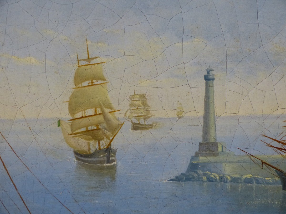 Grand Tableau Marine, Vue De Port Méditerranée Bateaux à Quai  79 X 105 Cm-photo-3