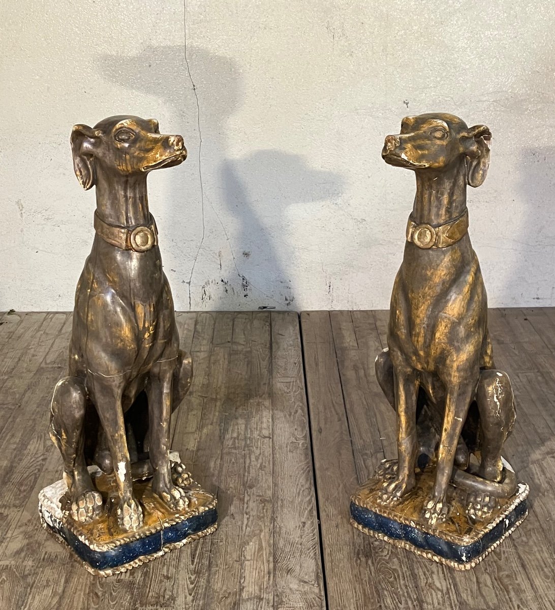 Pair Of Large Greyhounds In Polychrome Wood Italy 19th-photo-2