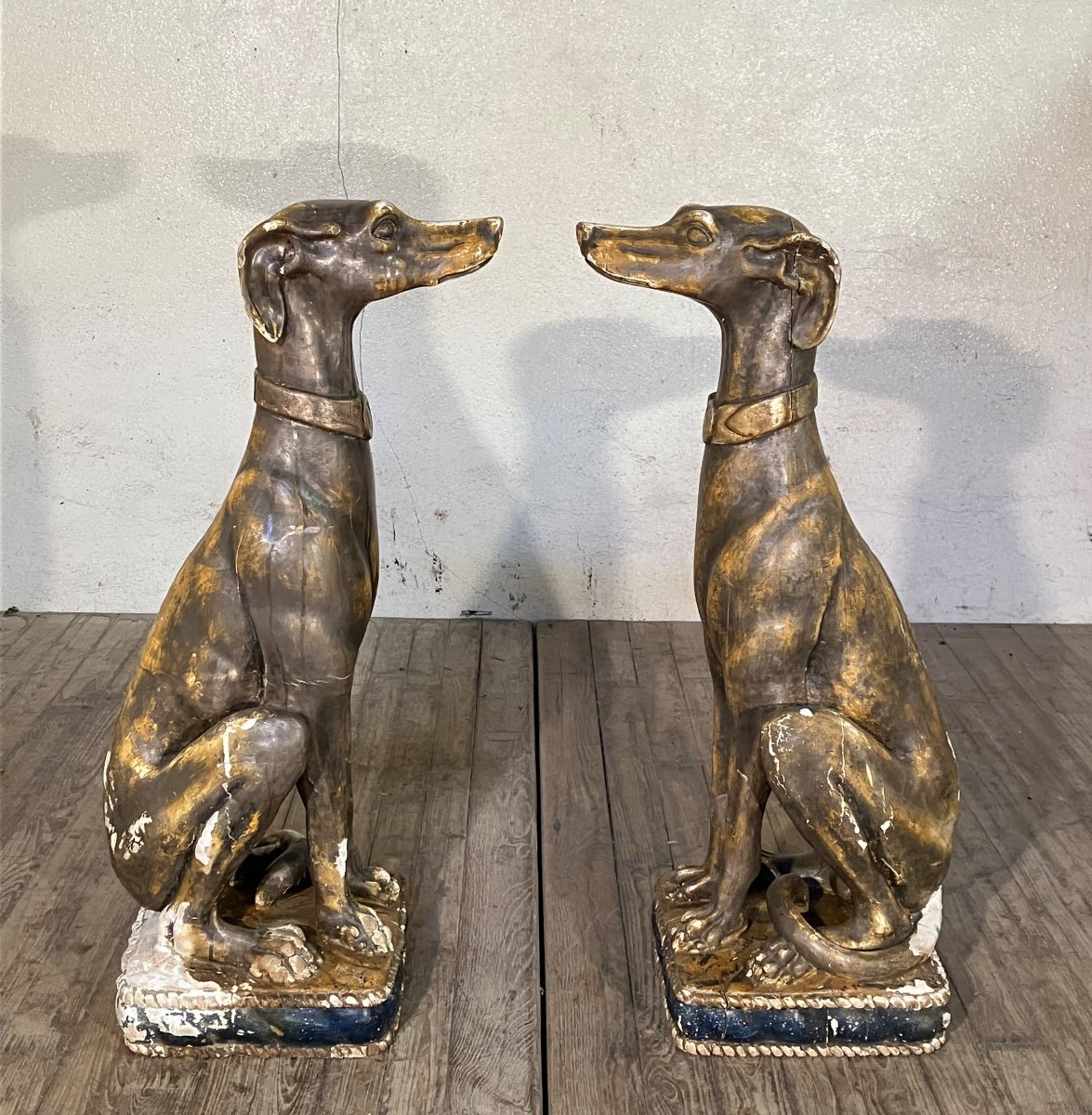 Pair Of Large Greyhounds In Polychrome Wood Italy 19th-photo-3