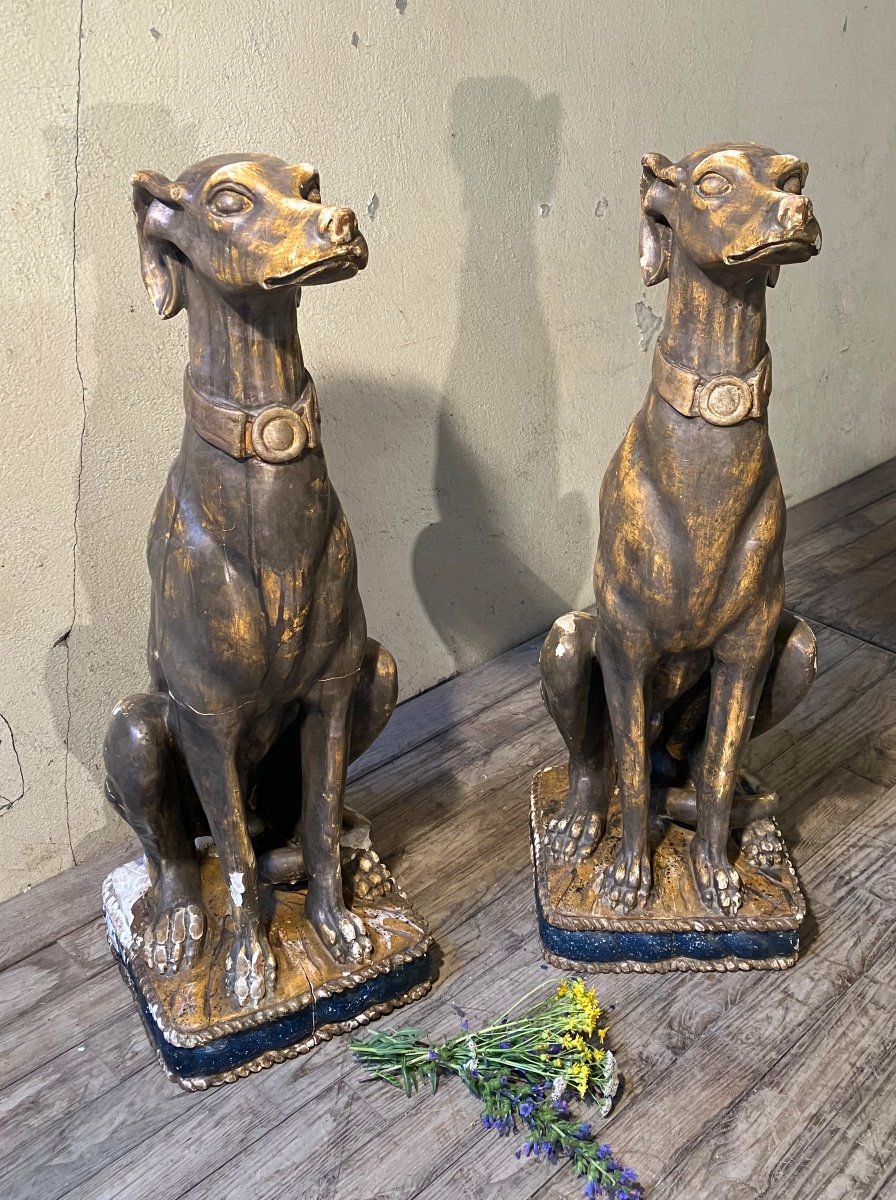 Pair Of Large Greyhounds In Polychrome Wood Italy 19th