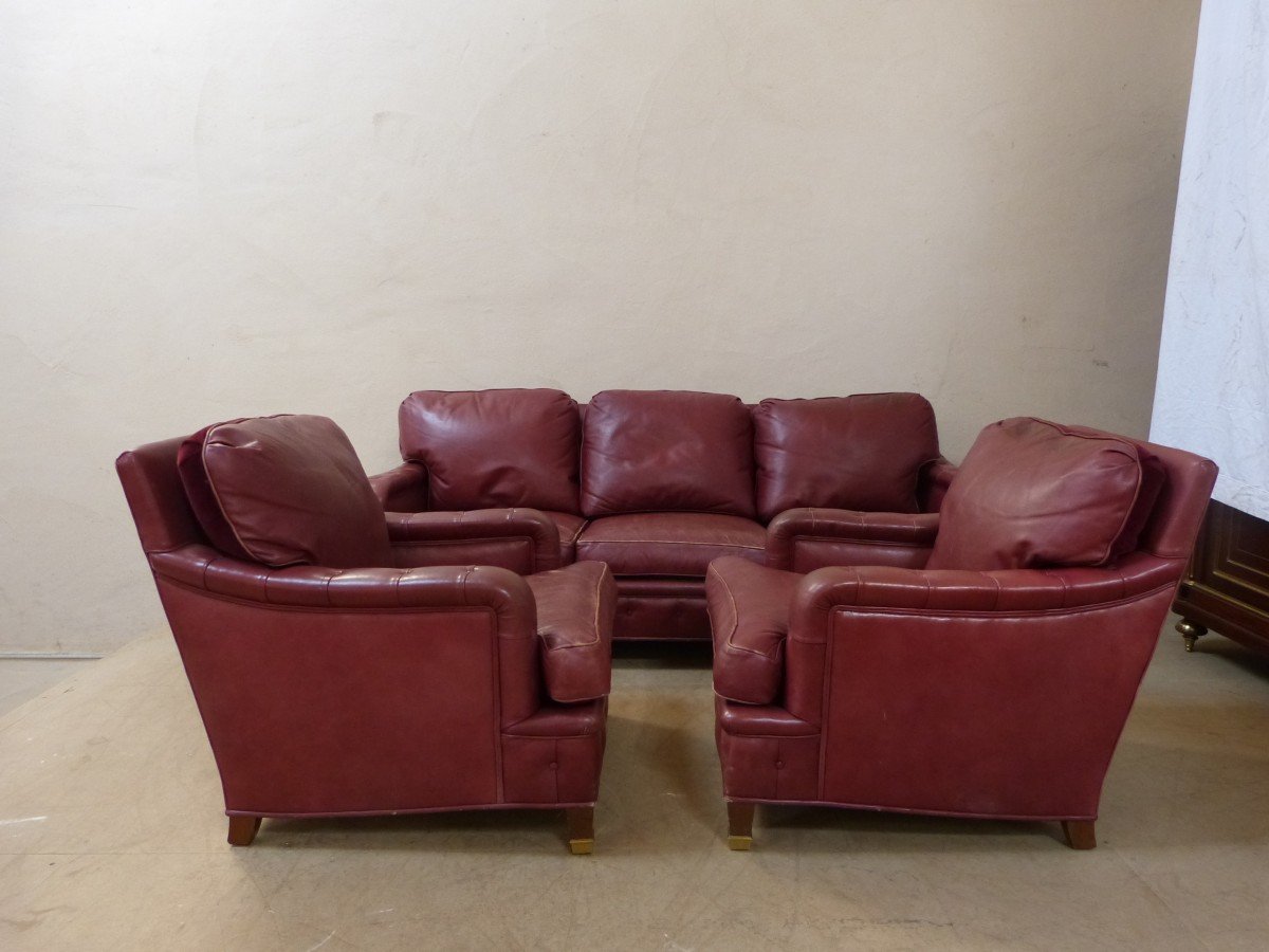 Lounge Club Leather Sofa Two Armchairs Clogs In Bronze-photo-2