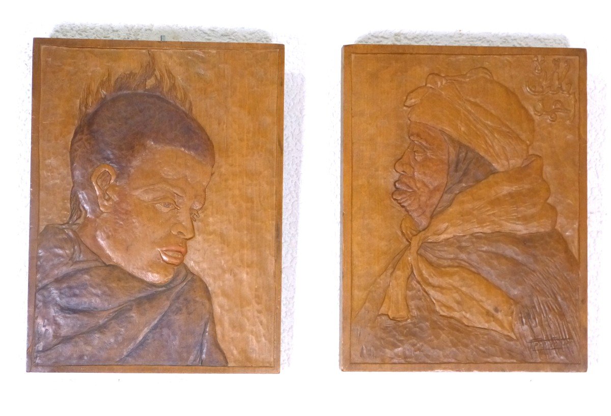 René Pottier  Paire De Panneaux Sculptés Portraits Afrique Du Nord