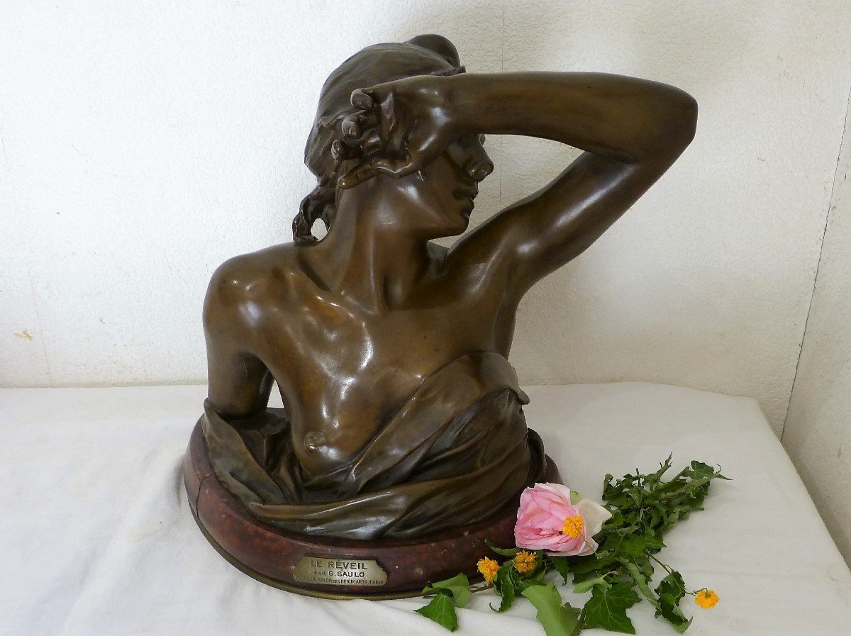 Georges Saulo, Le Réveil Grand Buste En  Bronze Art Nouveau 