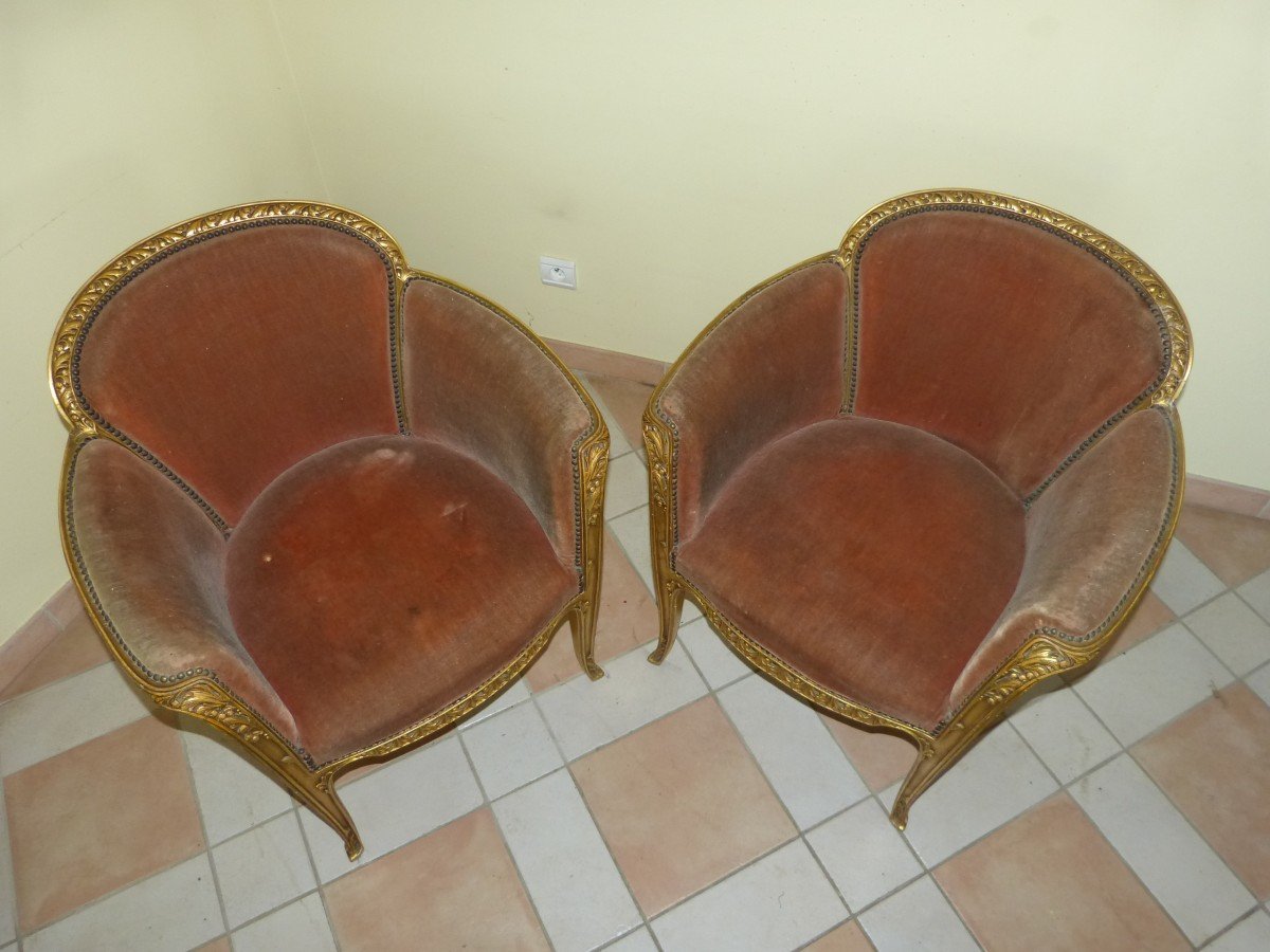 Majorelle Nancy Pair Of Golden Bergères Aubépine Art Nouveau Armchairs-photo-2