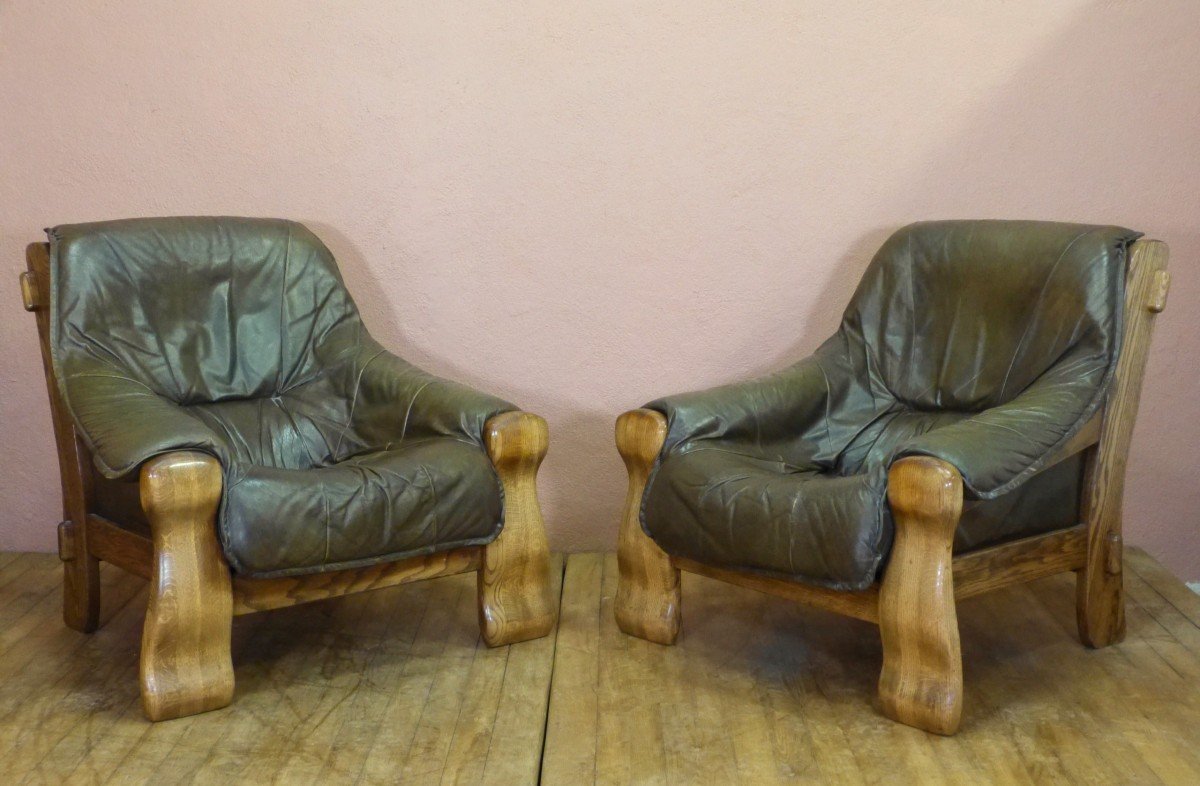 Paire De Fauteuils Cuir Et Chêne Années 60 Brutalistes Vintage