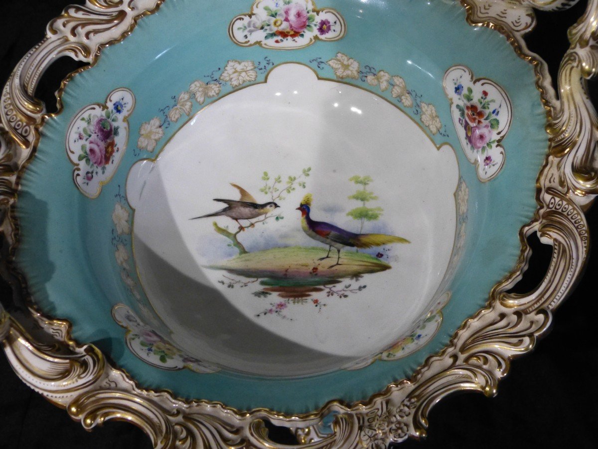 Service En Porcelaine Paris Sèvres 12 Assiettes Et Serviteur Décor Oiseaux Bleu Et Doré-photo-8