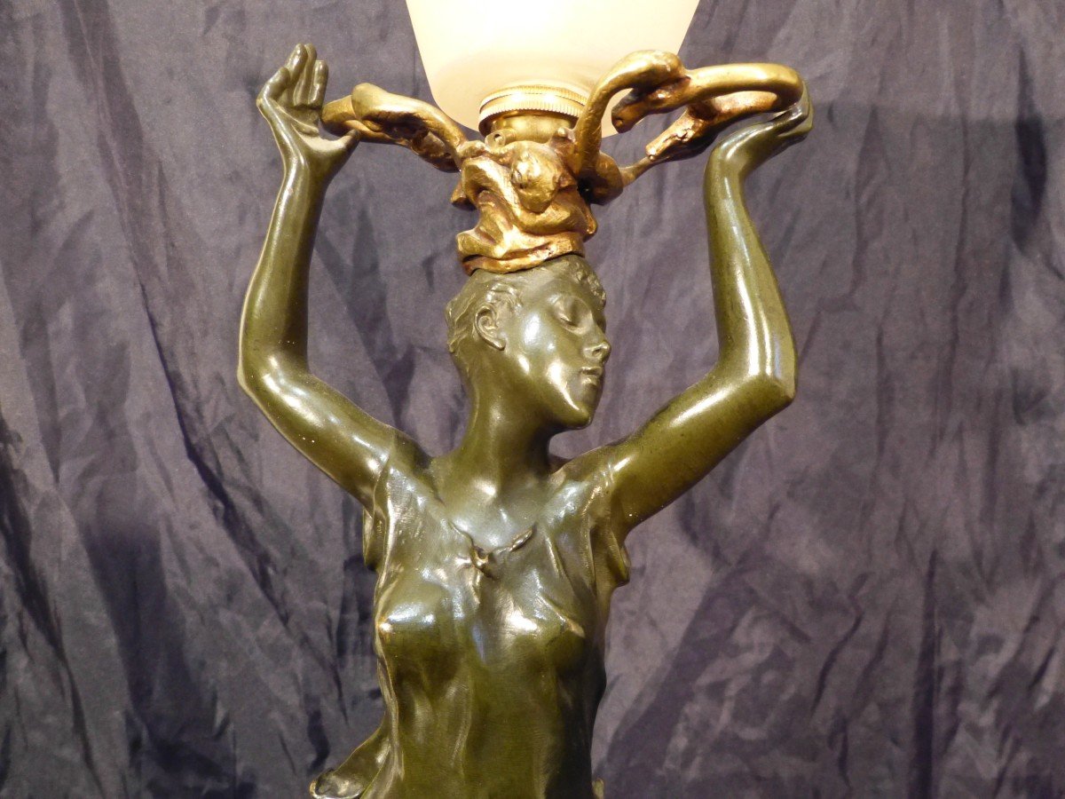 Georges De Kerveguen Art Nouveau Lamp In Bronze-photo-3