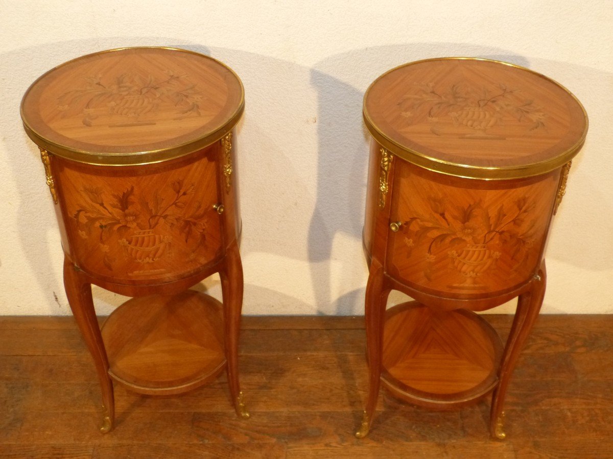 Pair Of Drum Bedside Tables In Rosewood Marquetry Napoleon III Gilded Bronzes Flower Decor-photo-2