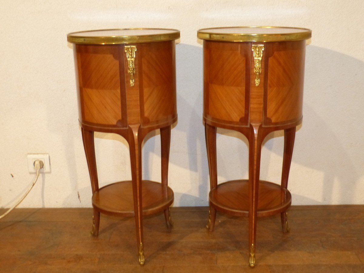 Pair Of Drum Bedside Tables In Rosewood Marquetry Napoleon III Gilded Bronzes Flower Decor-photo-3