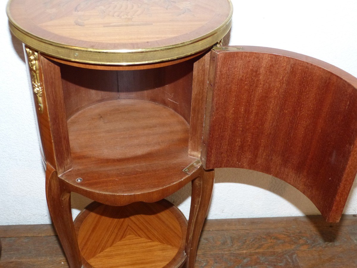 Pair Of Drum Bedside Tables In Rosewood Marquetry Napoleon III Gilded Bronzes Flower Decor-photo-5