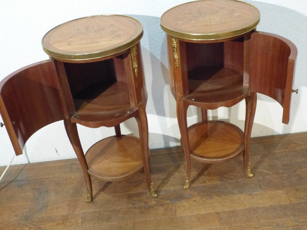 Pair Of Drum Bedside Tables In Rosewood Marquetry Napoleon III Gilded Bronzes Flower Decor-photo-6