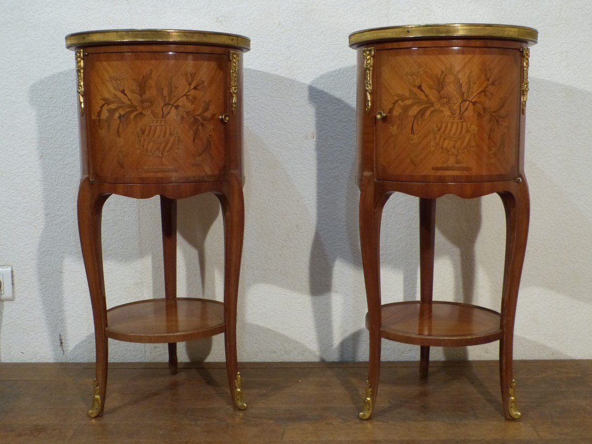 Pair Of Drum Bedside Tables In Rosewood Marquetry Napoleon III Gilded Bronzes Flower Decor-photo-7