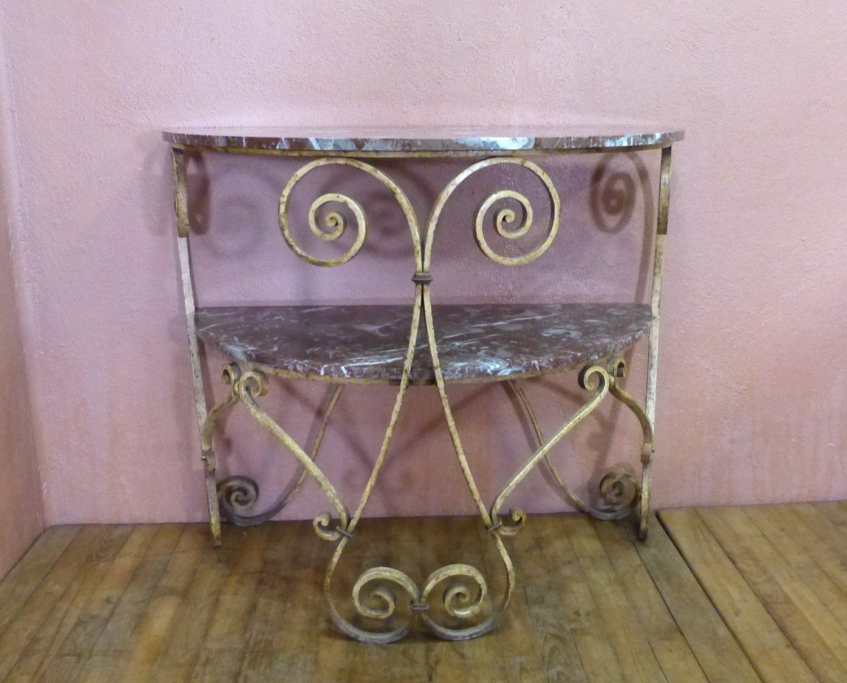 Art Deco Half Moon Console In Wrought Iron And Marble 2 Trays-photo-2