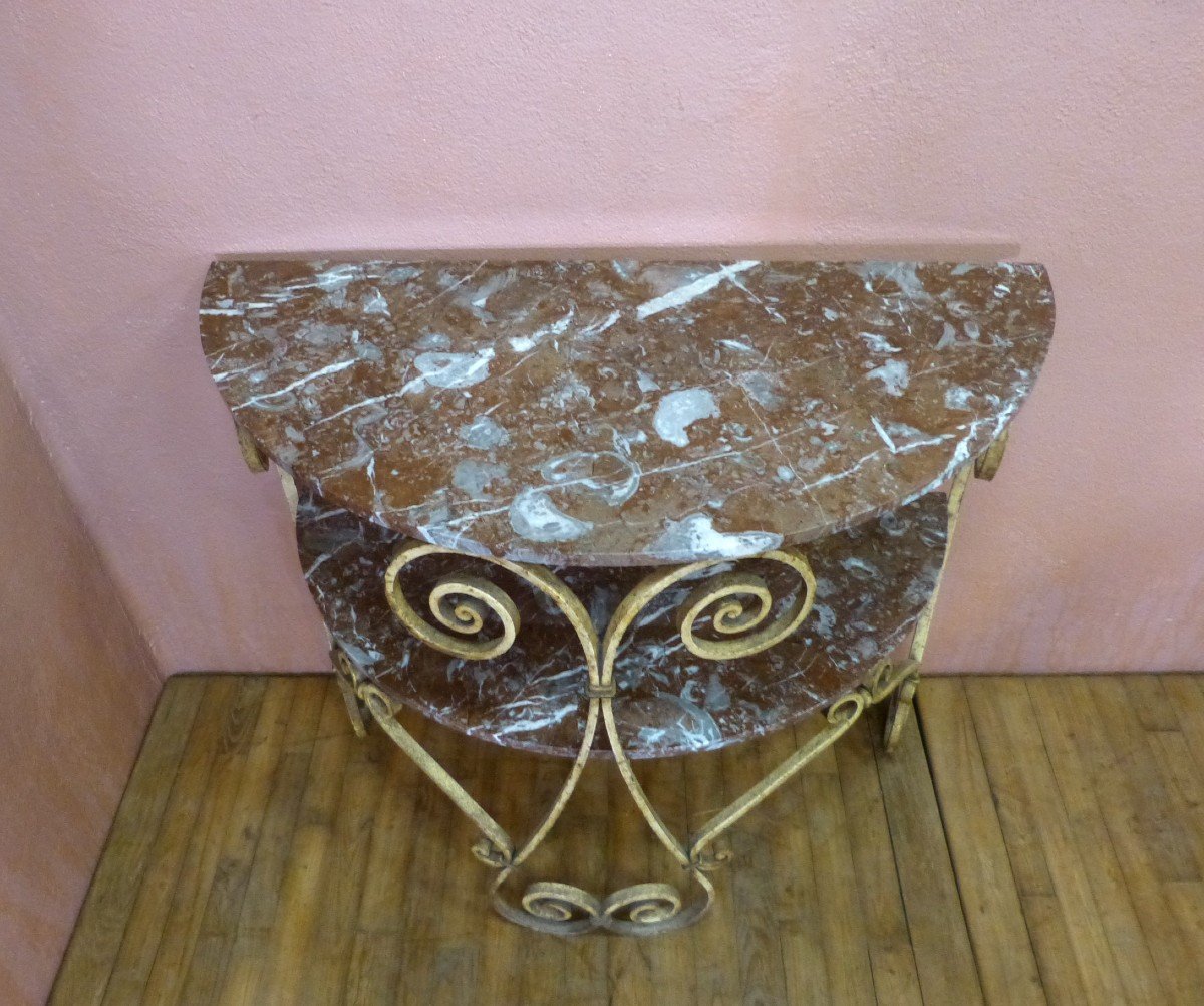 Art Deco Half Moon Console In Wrought Iron And Marble 2 Trays-photo-3